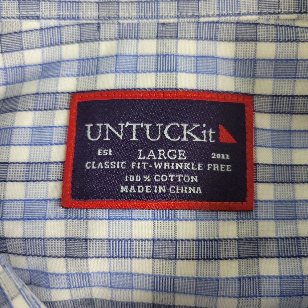 Untuckit Classic Fit Wrinkle Free Mens Large Blue Check Button Up Short Sleeve - Picture 4 of 5